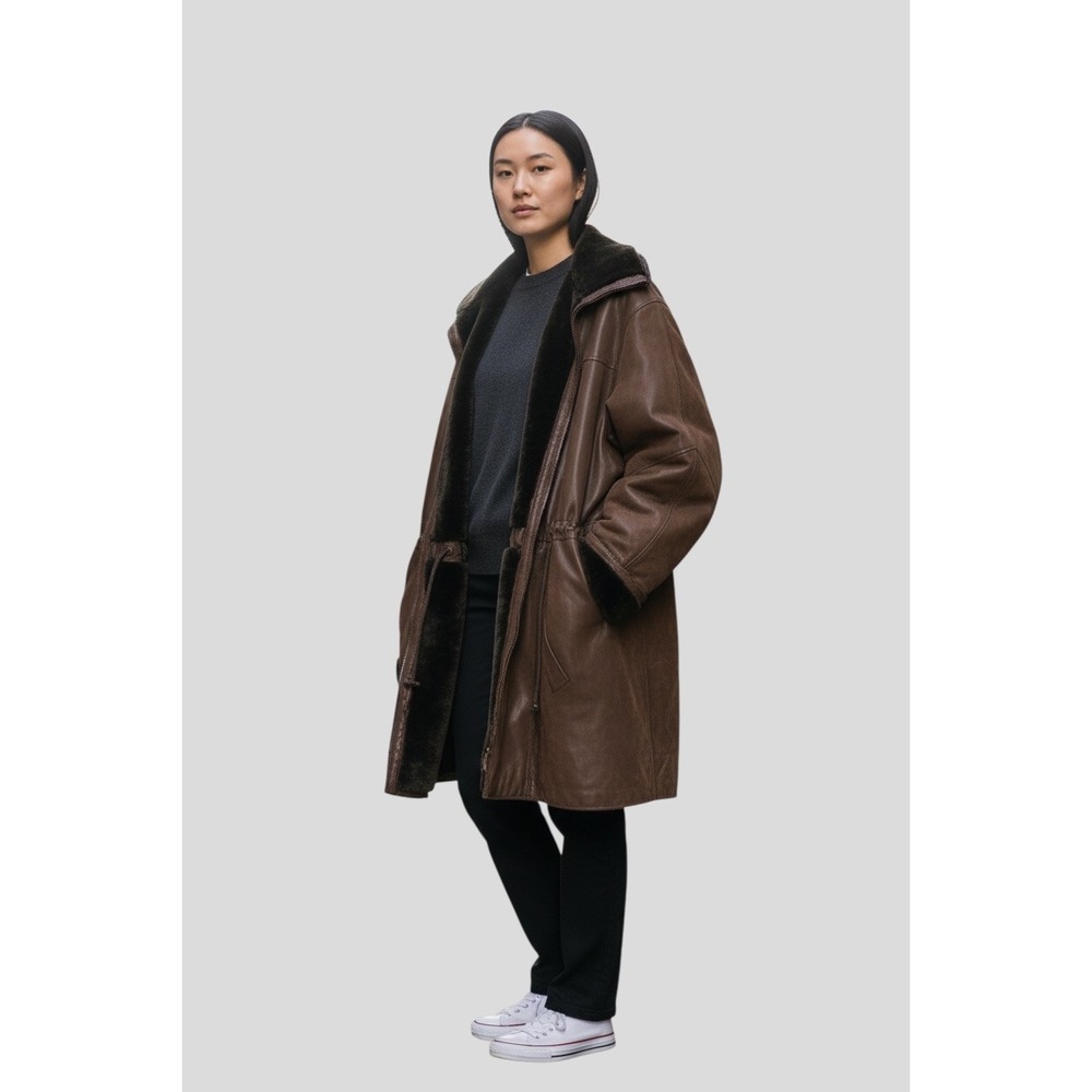 EMC Womens‎ Faux Leather Faux Fur Lined Parka Jacket Brown Drawstring Waist SZ L